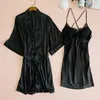 Home Clothing Women 2PCS Sleepwear Satin Robe Set Lace Patchwork Sleep Female V-neck Kimono Gown Silky Nighty&Robe Wear