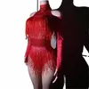 Drag Queen Costumes Rouge Rhinestes Body à franges Femmes Gogo Dance Rave Outfit Dj Ds Stage Jazz Vêtements Clubwear XS7483 K3ke #