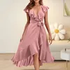 Vestidos casuais feminino decote em v manga curta babados longo rendas até vestido calças mulheres abeto juniors