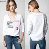23ss Zadig Voltaire camiseta de guitarra Diseñador Hot Diamond Impresión digital Camisetas con cuello en U Dobladillo curvo Camiseta de manga larga para mujer