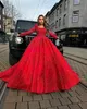 Потрясающее красное бальное платье Вечерние платья с оборками, жемчугом и блестками, платье для выпускного вечера с длинными рукавами и шлейфом, арабский Катар Вечерние платья для особого случая