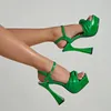 SURET Buty Bow Green Obcasy 14 cm Designer Square palca pu skórzane sandały kobiety 2024 Lady Party Platforma High Summer Office