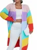 OneLink Rainbow Strip Color LG Sleeve Plus Size Women's Open Cardigan Knee Length Sweater Jacket Oversize Clothing Winter 2022 E7H7#