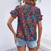 Women's Blouses Soft Stretchy Blouse Stylish Summer Tops Stand Collar Ruffle Sleeve Ethnic Floral Print Pullover Shirt For Her