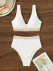 Costumi da bagno da donna Dettagli di cucito Costume da bagno Donna Solido a vita alta Bikini Set Nastro a righe Costume da bagno Grembiule da donna Costume da bagno J240330