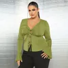 fi Plus Size Mulheres Bandage Top Com Decote Em V Malha Lg-sleeved Temperamento Sexy Blusa Casual Cor Sólida Tamanho Grande Camisas Das Senhoras N2o8 #