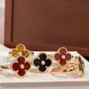 Designer Van High Version Four Leaf Grass Red and Black Agate Ring for Women Plated with 18K Rose Gold Full Diamond Natural White Fritillaria Q2UZ