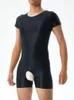 Uomo sexy con apertura sul cavallo Body manica corta Olio lucido lucido Collant alto elastico Abbigliamento uomo Shapers Body esotico 240327