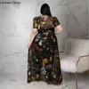 lem gina plus size women tie dye mesh shile see for puff high split maxi dr styleブラウスシャツトップ