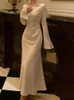 Automne élégant solide Midi Dres Flare manches mince sirène printemps français Vintage fête de mariage robes Robe Mujers 240320