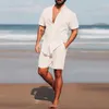 Mens Casual Hawaii Suits Fashion Handsome Solid Color Shirt Beach Shorts 2 Piece Sets Summer Holiday Vacation Seaside Wear 240325