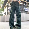 Women's Jeans Washed Pocket High-rise Straight-leg American Retro Street Wide Leg Overalls Harajuku Style Hip Hop Y2k Trousers