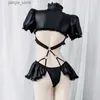 Sexy Set Mulheres Sexy Lingerie Love Live Cosplay Trajes Boate Escola Menina PU Couro Bras Maid Outfits Preto Halloween Devil Terno Novo Y240329