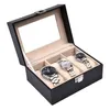 Titta på ruta 2 3 rutnät Black PU Leather Jewely Box Se Winder Organizer Case Storage Display Holder Gift280p