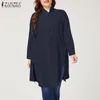 Túnica sólida TopCasual Blusas sueltas ZANZEA Mujeres Stand Collar Lg Camisa Otoño Lg Manga Colillas Abajo Cott Blusa Tallas grandes x7Df #