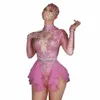 Rhineste Pink Bodysuit Women Party Girl Stage Dance Wear Elastic Tights Crystal Bodysuit Nightclub Dancer Leotard V38M#