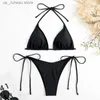 Women's Swimwear Sexy Women Thong Solid Color Bikini Set Side Halter Tie Swimsuit Ladies Split Strap Adjustable Brazilian Swimwear Beachwear T240330