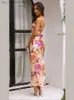 Grundläggande casual klänningar från axel satin blommor tryckt maxi klänning lady elegant stor rygglös slanglös vestidos kvinnor casual semester party robes t240330