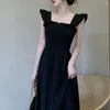 Freizeitkleider Damen-Kleid, elegant, quadratischer Ausschnitt, Midi mit Rüschenärmeln, hohe Taille, plissiertes A-Linien-Design, Damen-Sommermode-Statement