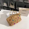 Totes Summer straw womens handmade bag large capacity bucket bag crystal sparkling rhinestone handbag womens holiday beach bag H240330