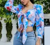 Camisetas para mujer 2024 Primavera Verano Slim Fit Top Cuello en forma de U Estampado tropical Pecho Diseño de corbata sexy Manga de burbuja Estilo de desplazamiento