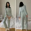 Home Abbigliamento Pigiama Donna Primavera Autunno Scollo a V Ombelico esposto Pantaloni a maniche lunghe Due pezzi in chiffon di raso Stile sottile