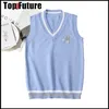Gilet tricoté de fille japonaise bleue pull polyvalent mignon uniforme scolaire Cardigans JK pull de broderie uniforme G7xC #