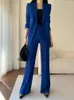 Dwuczęściowe spodnie dla kobiet w ogóle jesienne zimowe biuro dama maryna kurtka podstawowa eleganckie damskie garnitury Blue Pant Suits