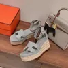 Kil sandaler designer slip på skor kvinnor hög klack sandaler sommarplattform tjock sula sandaler high end äkta läder halm vävd klack sleel sandaler 35-42