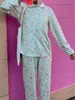 Home Clothing Women 2-Piece Pajama Set Long Sleeved Lapel Button Up Shirt Floral/Heart-Shaped Printed Pants Casual