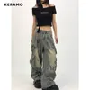 Jeans femininos americano vintage baggy y2k perna larga grunge estilo de rua alta impressão calças casuais cintura reta denim