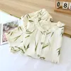 Home Clothing Spring Round Necked Emerald Bamboo Pajamas For Women Long Sleeved Cardigan Pure Cotton Gauze Loose Sleepwear 2 PCS
