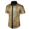 メンズドレスシャツ通気可能な素材トップスリムフィットパフォーマンスシャツナイトクラブフェスティバル用のターンダウンカラーと光沢のある表面コントラスト