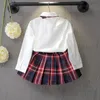 LG Sleeve Girls School Uniform Korean Style Studentdräkt Barn veckad skjorta med rutig kjolskolans prestanda kostym 45C2#