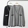 autumn Plus Size Ladies Knitted Cardigan Mercerized Cott Sweater Of Spring Clothing Striped Double Pockets V-Neck Curve Jumper o0Cy#