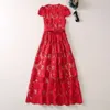 XXL Red Mid Length Skirt 2023 Autumn New Round Neck Bag Shoulder Water Soluble Hook Flower Dress For Women 607670