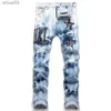Men's Jeans Light blue tie dyed with letter star embroidery distressed jeans cotton stretch version fashionable brand mens tight fitting denim pantsL2403