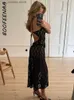 Basic Casual Dresses BOOFNAA S Through Floral Mesh Lace Dresses Y2k Sexy Black Tie Up Hollow Out Backless Maxi Long Dresses Women 2023 C16-BI15 T240330