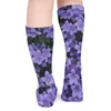 Женские носки, лавандовые чулки с цветочным принтом, фиолетовые очаровательные цветочные носки, средние мягкие модные велосипедные антибактериальные носки