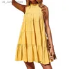 Grundläggande casual klänningar Jocoo Jol Orsaklig slöfri ruffles Mini Women Dress Boho Solid O Neck Beach Sundress Overized Loose Dress 2024 Summer T240330