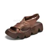 Casual Schoenen 2024 Zomer Leren Sandalen Dames Retro Biscuit Dikke Bodem Open Teen Terug Lege Roman