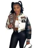 Frauen Mantel Casual Brief Drucken Patchwork Baseball Uniform Jacke Rundhals Taste Herbst Mantel Herbst Winter Kurze 240319