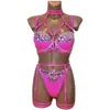 fluorescenza rosa Rhinestes Bikini Pole Dance Costume Nightclub Bar Gogo Dancer Performance Wear Dj Ds Rave Outfit VDB7575 o2yX #