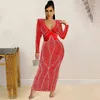 Abiti casual KEXU a maniche lunghe in maglia trasparente patchwork di cristallo maxi abito da donna glamour con strass fasciatura sexy clubwear per feste