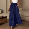 Calças femininas yoga mulheres casual cor sólida perna larga flowy drape plissado cintura alta cinto elástico menos roupas de primavera longas