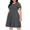 Robe grande taille pour femmes, épaules dénudées, manches courtes, col rond, mode, coutures rayées