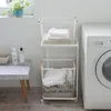 Double Layer Cloth Storage Baskets Rack Floor Stand Bathroom Clothing Sundries Iron Laundry Basket with Wheel 240319