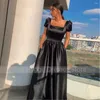 Party Dresses Formal For Women Black Satin A Line Short Sleeves Simple Evening Dress Long Square Collar Backless Sexy Prom