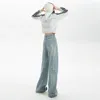 Women's Jeans Scratch Design Blue American Cool Girl Bottoms High Waist Neutral Pants Female Loose Vintage Denim Trousers