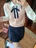 Japon Öğrenci Kawaii JK Okul Üniforması Fi lg kollu örgü yelek üniformalı Kore tatlı kızlar Blazers Piled Etek H0TD#